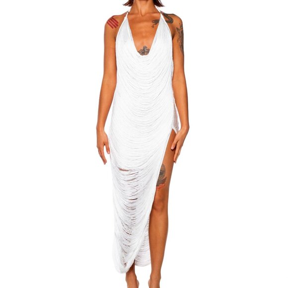 Callie Lives White Layered Fringe Cowl Maxi Dress Large or XLarge - Runs Small